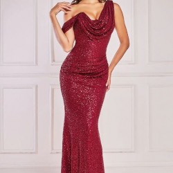 Абитуриентска Дълга Тъмночервена Рокля Блестящи Пайети 