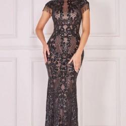 Абитуриентска Дълга Черна Рокля Блестящи Пайети Гол Гръб