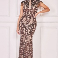 Абитуриентска Дълга Кафява Рокля Блестящи Пайети Гол Гръб