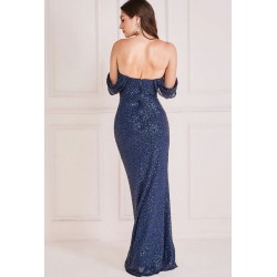 Дълга Тъмносиня Блестяща Официална Рокля Пайети Деколте Дълга Тъмносиня Блестяща Официална Рокля Пайети Деколте