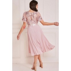 Елегантна Светлорозова Миди Рокля Шифон Плисе Дантела Бродерия