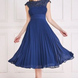 Елегантна Тъмносиня Миди Рокля Шифон Плисе Дантела