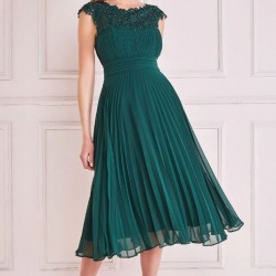 Елегантна Тъмнозелена Миди Рокля Шифон Плисе Дантела