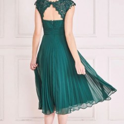 Елегантна Тъмнозелена Миди Рокля Шифон Плисе Дантела
