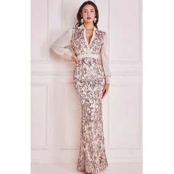 Абитуриентска Дълга Рокля Шампанско тип Риза Шифон Блестящи Бродерии Абитуриентска Дълга Рокля Шампанско тип Риза Шифон Блестящи Бродерии