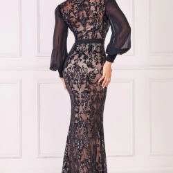 Абитуриентска Дълга Черна Рокля тип Риза Шифон Блестящи Бродерии