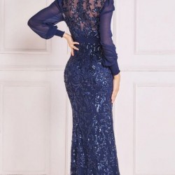 Абитуриентска Дълга Тъмносиня Рокля тип Риза Шифон Блестящи Бродерии Абитуриентска Дълга Тъмносиня Рокля тип Риза Шифон Блестящи Бродерии