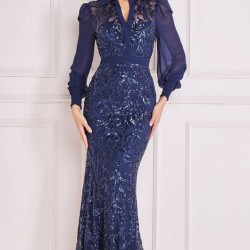 Абитуриентска Дълга Тъмносиня Рокля тип Риза Шифон Блестящи Бродерии Абитуриентска Дълга Тъмносиня Рокля тип Риза Шифон Блестящи Бродерии