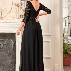 Дълга Елегантна Вечерна Рокля Черен Цвят Дантела  Дълга Елегантна Вечерна Рокля Черен Цвят Дантела