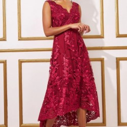 Бална Червена Асиметрична Рокля Дантела