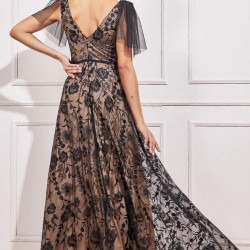 Бална Дълга Черна Рокля Тюл Бродерии