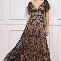 Бална Дълга Черна Рокля Тюл Бродерии