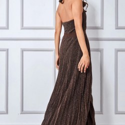 Блестяща Дълга Рокля Цвят Бронз Плисе Гол Гръб Блестяща Дълга Рокля Цвят Бронз Плисе Гол Гръб