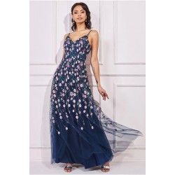 Бална Дълга Тъмносиня Рокля Тюл Бродерии