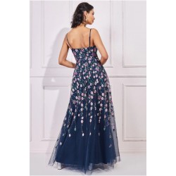 Бална Дълга Тъмносиня Рокля Тюл Бродерии