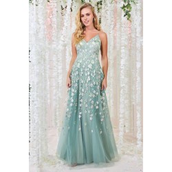 Бална Дълга Светлозелена Рокля Тюл Бродерии