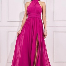 Бална Дълга Цикламено Розова Рокля Шифон Цепка