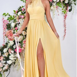 Бална Дълга Жълта Рокля Шифон Цепка