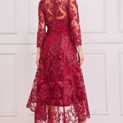 Асиметрична Бална Винено Червена Рокля Тюл Бродерии Ръкави Асиметрична Бална Винено Червена Рокля Тюл Бродерии Ръкави
