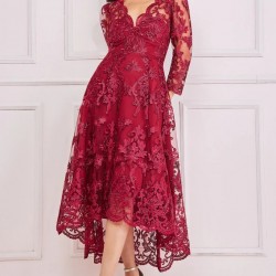 Асиметрична Бална Винено Червена Рокля Тюл Бродерии Ръкави Асиметрична Бална Винено Червена Рокля Тюл Бродерии Ръкави