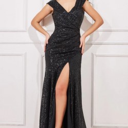 Бална Дълга Черна Рокля Пайети Цепка Бална Дълга Черна Рокля Пайети Цепка