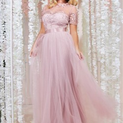 Абитуриентска Бална Дълга Розова Рокля Тюл Бродерии