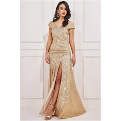 Бална Дълга Златна Рокля Пайети Цепка