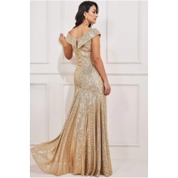 Бална Дълга Златна Рокля Пайети Цепка
