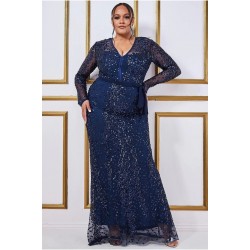 Дълга Официална Тъмносиня Рокля Макси Дами Пайети Дълга Официална Тъмносиня Рокля Макси Дами Пайети