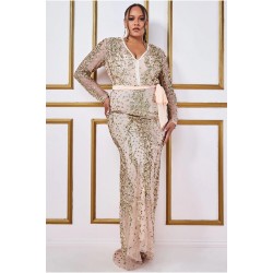 Дълга Официална Златиста Рокля Макси Дами Пайети Дълга Официална Златиста Рокля Макси Дами Пайети