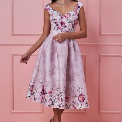 Бална Официална Розова Рокля Флорал Средна Дължина
