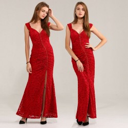 Дантелена Дълга Официална Рокля Червен Цвят