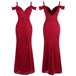 Дантелена Дълга Официална Рокля Червен Цвят Дантелена Дълга Официална Рокля Червен Цвят
