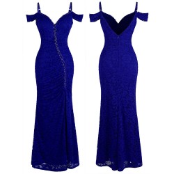 Дантелена Дълга Официална Рокля Турско Син Цвят