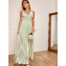 Бална Дълга Зелена Рокля Плисе Сатен