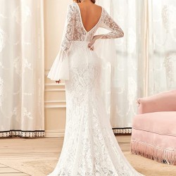 Бяла Дълга Рокля Дантела Русалка Гол Гръб