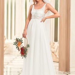 Бяла Дълга Официална Рокля Тюл Апликации