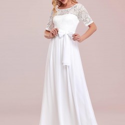 Бяла Дълга Официална Рокля Бюстие Дантела Шифон