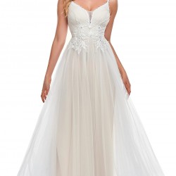 Дълга Официална Рокля Тюл Бял Крем 