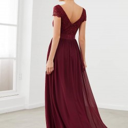 Елегантна Дълга Тъмночервена Рокля Бюстие Дантела