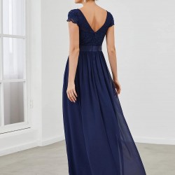 Елегантна Дълга Тъмносиня Рокля Бюстие Дантела