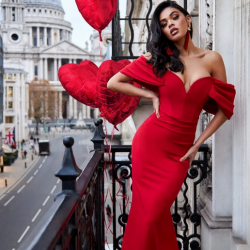 Дълга Червена Официална Бална Рокля Деколте 