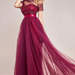 Бална Дълга Рокля Бордо Тюл Бродерии Бална Дълга Рокля Бордо Тюл Бродерии