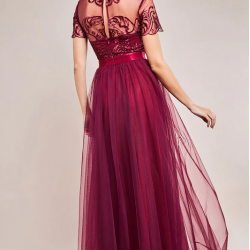 Бална Дълга Рокля Бордо Тюл Бродерии Бална Дълга Рокля Бордо Тюл Бродерии