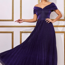 Блестяща Дълга Лилава Рокля Плисе