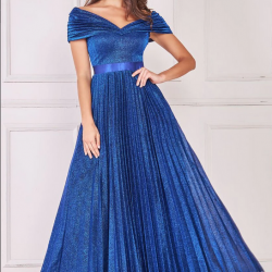 Блестяща Дълга Синя Рокля Плисе