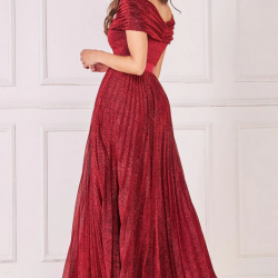 Блестяща Дълга Тъмночервена Официална Рокля Плисе