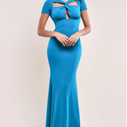 Дълга Синя Официална Рокля Кръстосано Деколте