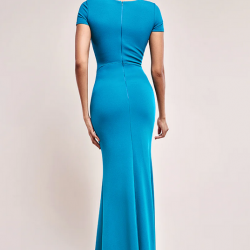 Дълга Синя Официална Рокля Кръстосано Деколте