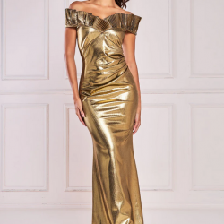 Дълга Златна Официална Рокля Деколте